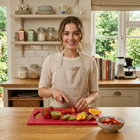 Woman in a kitchen preparing fruits on a red cutting board.