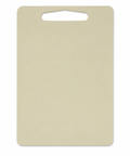 Beige cutting board with a handle on a white background