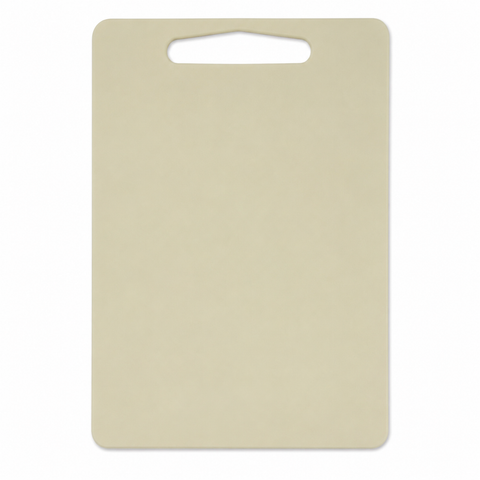 Beige cutting board with a handle on a white background