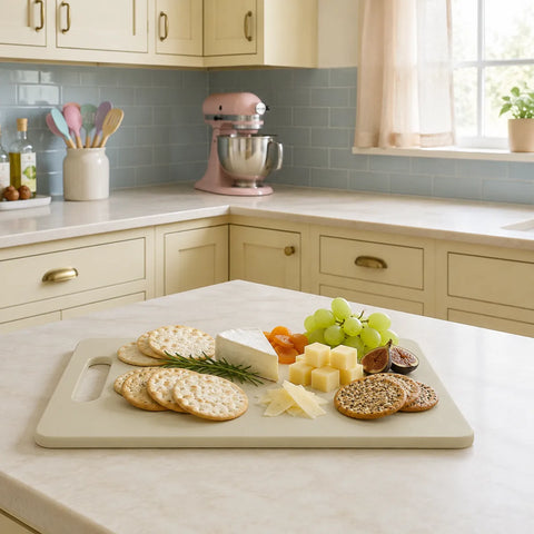 Kitchen counter with a cheeseboard, crackers, and fruit on a white countertop.