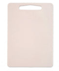 Beige cutting board with a handle on a white background