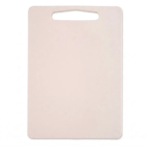 Beige cutting board with a handle on a white background