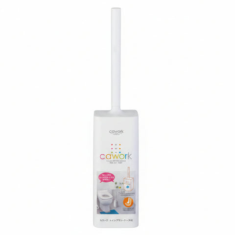 A white Cawork toilet brush with a long handle and a white plastic base, featuring the Cawork brand logo and multicolored icons on the front.