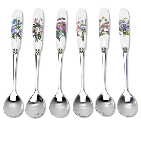 Set of six floral-patterned spoons with white handles on a white background