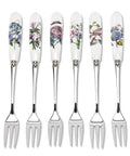 Set of six floral-patterned dessert forks on a white background