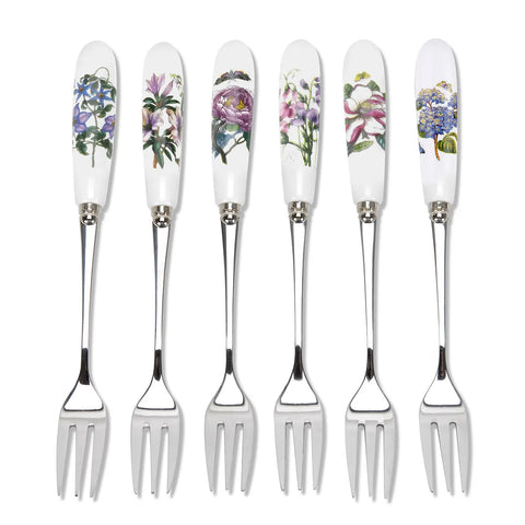 Set of six floral-patterned dessert forks on a white background