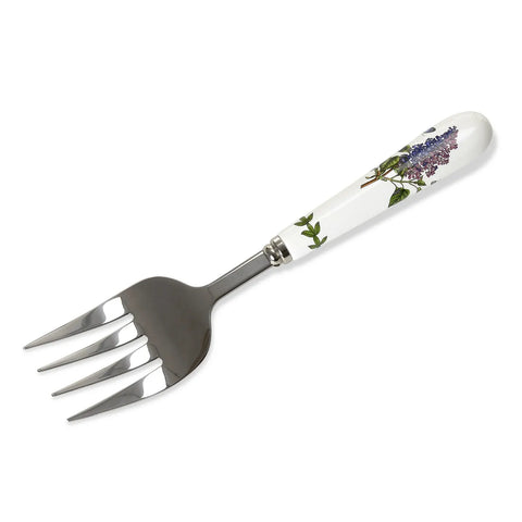 A serving fork with a polished silver metal head and a white ceramic handle decorated with a purple floral and green leaf pattern, shown on a plain white background.