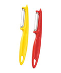 Two plastic vegetable peeler knives in yellow and red, shown side-by-side on a plain white background.