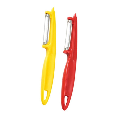 Two plastic vegetable peeler knives in yellow and red, shown side-by-side on a plain white background.