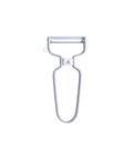 A stainless steel hand-held vegetable peeler with a D-shaped handle, shown against a plain white background.