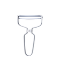 A stainless steel hand-held vegetable peeler with a U-shaped handle and a flat blade, shown against a plain white background.