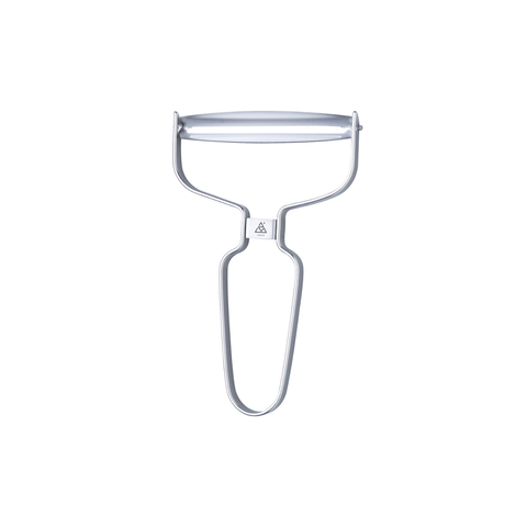 A stainless steel hand-held vegetable peeler with a U-shaped handle and a flat blade, shown against a plain white background.