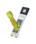 Triangle stainless steel vegetable grater with a black handle, shown grating fresh wasabi on a white background.