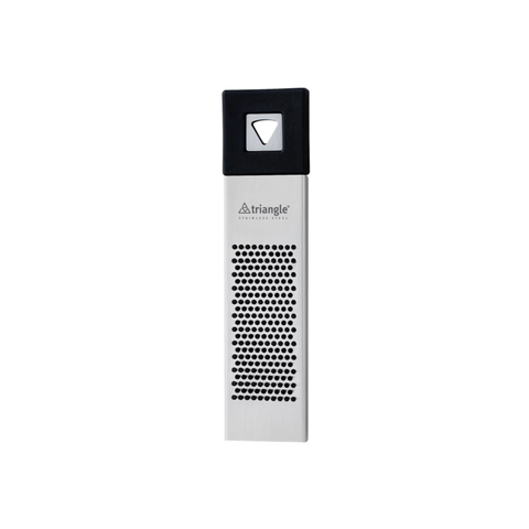 A Triangle stainless steel spice grater with a black top housing a triangular logo and a silver perforated lower body, shown on a plain white background.