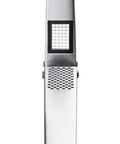 A close-up of a brushed metal garlic press, shown against a plain white background.