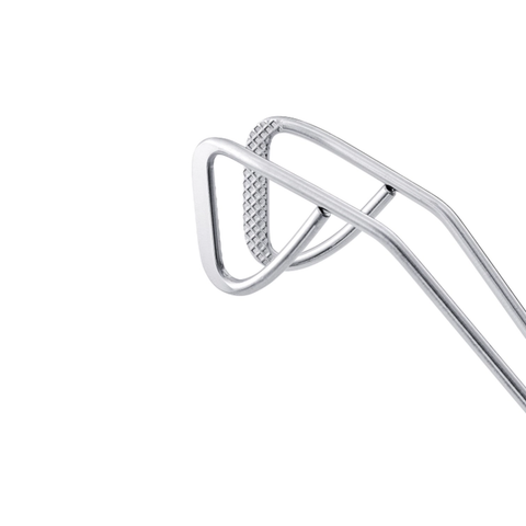 Close-up of polished metal tong tips with a textured grip, shown on a plain white background.