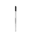 A pair of stainless steel tweezers with a black rubberized grip on the handle, shown vertically against a plain white background.