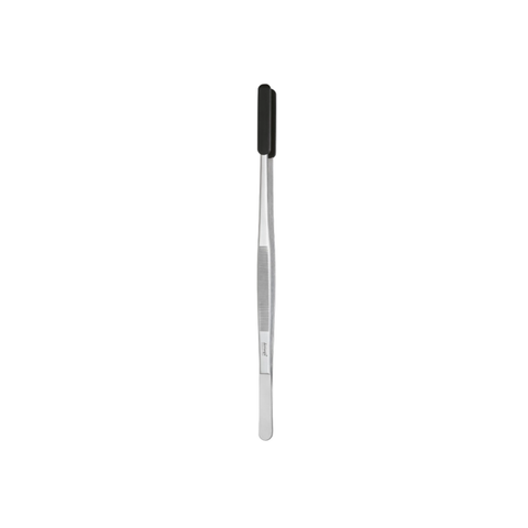 A pair of stainless steel tweezers with a black rubberized grip on the handle, shown vertically against a plain white background.