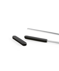 A close-up studio shot of a black textured handle and a long silver tweezers on a plain white background.