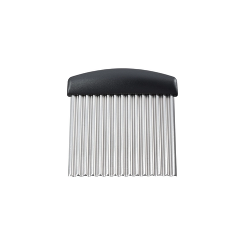 A metal crinkle cutter with a black handle, shown against a plain white background.