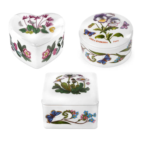 Three white porcelain botanical storage containers with lid lids, decorated with colorful hand-painted flowers, butterflies, and text reading 'VIOLA HYBRIDIA Pansy' on a clean white background.