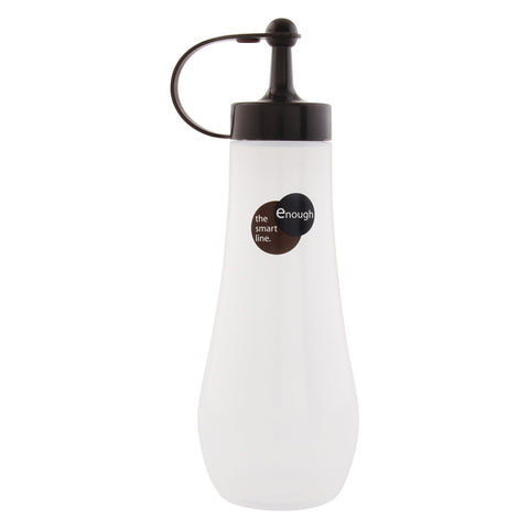 A frosted white squeeze bottle with a black pump dispenser and handle, featuring a circular 'the smart line. enough' logo sticker on the front, set against a plain white background.