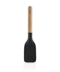 Black spatula with a wooden handle on a white background