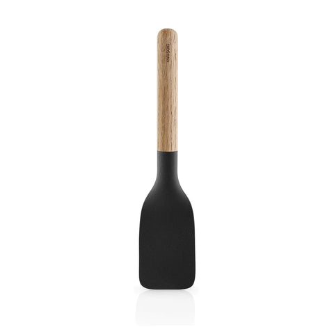 Black spatula with a wooden handle on a white background