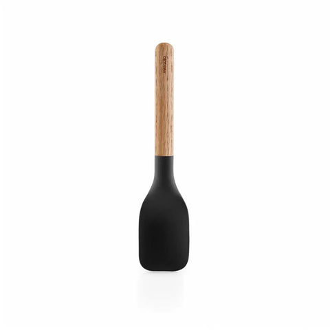 Black spatula with wooden handle on a white background