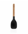 Black spatula with a wooden handle on a white background