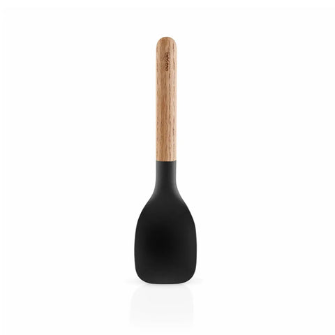 Black spatula with a wooden handle on a white background
