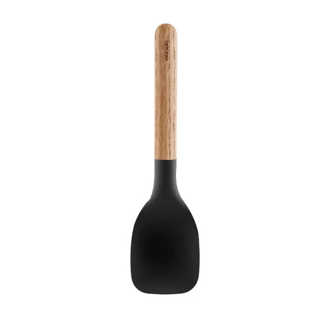 Black spatula with wooden handle on a white background
