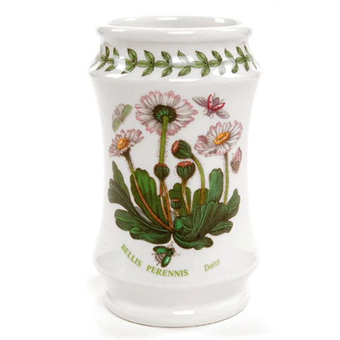 White ceramic vase with floral design and text on a white background