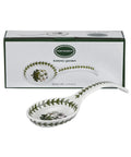 A white ceramic spoon with a green botanical leaf pattern, shown in front of its white and green Portmeillon packaging box on a white background.