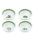 Four white ceramic bowls arranged in a 2x2 grid, each decorated with a green leaf border and a small floral motif inside, on a plain white background.