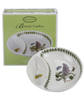 A Portmeirion Botanic Garden divided porcelain platter shown in front of its light green retail box on a white background.