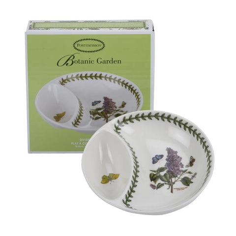 A Portmeirion Botanic Garden divided porcelain platter shown in front of its light green retail box on a white background.