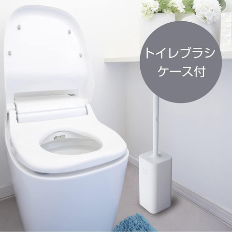 A white toilet brush case standing beside a white toilet in a bright bathroom setting, with a gray circular overlay containing Japanese text.