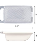 A clear rectangular radish grater with a handle is shown from two angles with dimension arrows and labels: 8.5 inches long, 4 inches wide, 2 inches tall.