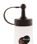 Close-up of a squeeze bottle with a frosted white body, a glossy brown cap and handle, and a visible enough brand label on a white background.