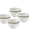 Four white ceramic bowls with a green leaf pattern band, arranged on a plain white background.