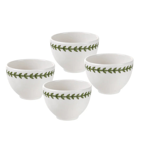 Four white ceramic bowls with a green leaf pattern band, arranged on a plain white background.
