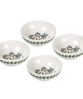 Four white ceramic bowls with a green leaf border and floral pattern inside, arranged on a white background.