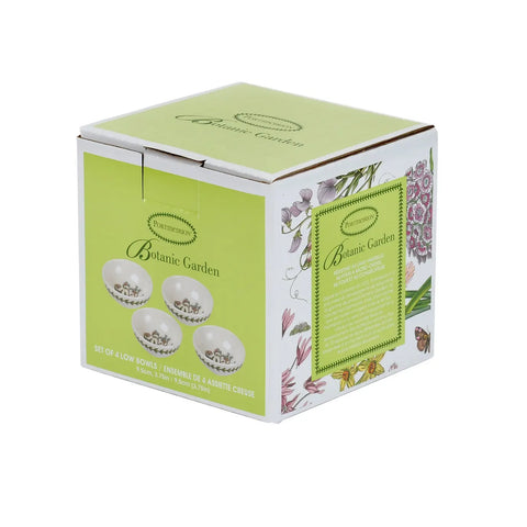 A boxed set of three low bowls from the Botanie Garden, shown in its original packaging. The packaging is white with a light green front panel and botanical illustrations.