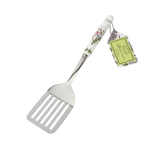 Spatula with floral handle and tag on a white background