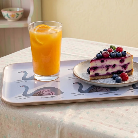 Glass of orange juice and slice of berry cheesecake on a tray with swan design.