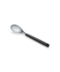 A stainless steel serving spoon with a black plastic handle on a white background.