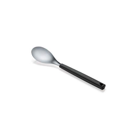 A stainless steel serving spoon with a black plastic handle on a white background.