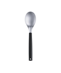 A stainless steel serving spoon with a black plastic handle on a white background.