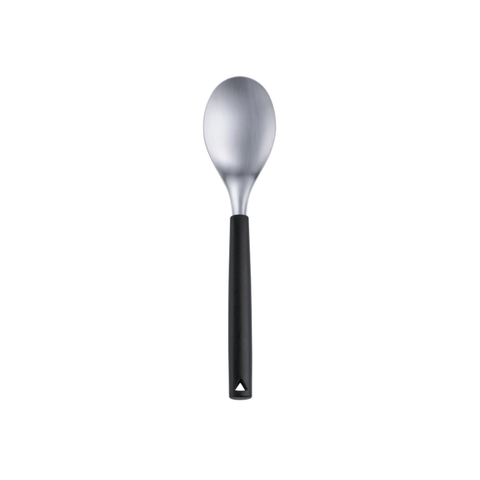 A stainless steel serving spoon with a black plastic handle on a white background.